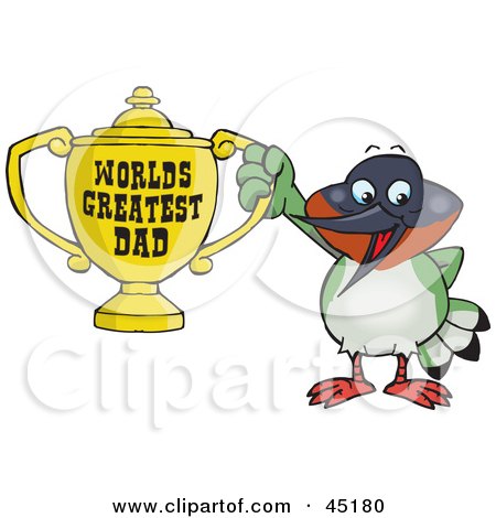 Royalty-free (RF) Clipart Illustration of a Hummingbird Character Holding A Golden Worlds Greatest Dad Trophy by Dennis Holmes Designs