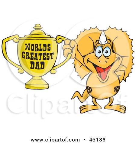 Royalty-free (RF) Clipart Illustration of a Frilled Lizard Character Holding A Golden Worlds Greatest Dad Trophy by Dennis Holmes Designs