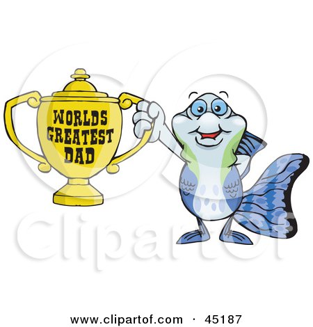 Royalty-free (RF) Clipart Illustration of a Guppy Fish Character Holding A Golden Worlds Greatest Dad Trophy by Dennis Holmes Designs