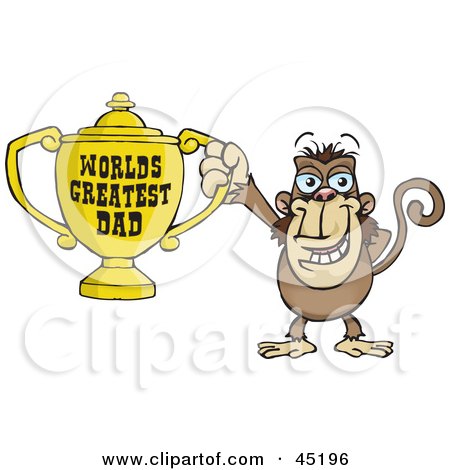 Royalty-free (RF) Clipart Illustration of a Monkey Character Holding A Golden Worlds Greatest Dad Trophy by Dennis Holmes Designs