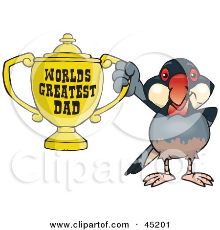 Royalty-free (RF) Clipart Illustration of a Java Finch Bird Character Holding A Golden Worlds Greatest Dad Trophy by Dennis Holmes Designs