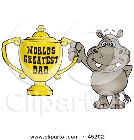 Royalty-free (RF) Clipart Illustration of a Hippo Character Holding A Golden Worlds Greatest Dad Trophy by Dennis Holmes Designs