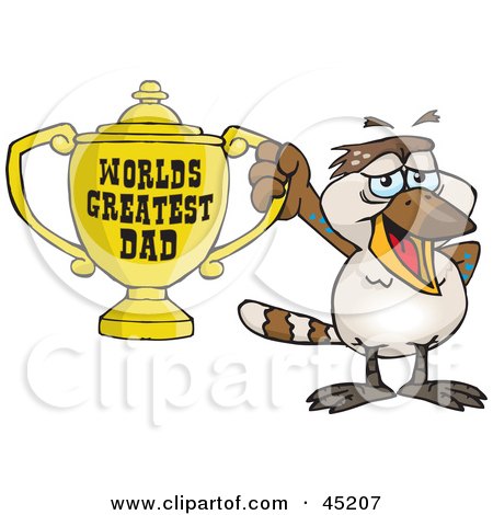 Royalty-free (RF) Clipart Illustration of a Kookaburra Bird Character Holding A Golden Worlds Greatest Dad Trophy by Dennis Holmes Designs