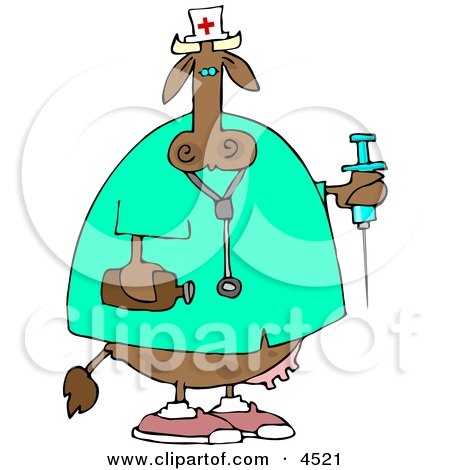 Female Nurse Cow Holding a Syringe and a Bottle of Peroxide Clipart by djart