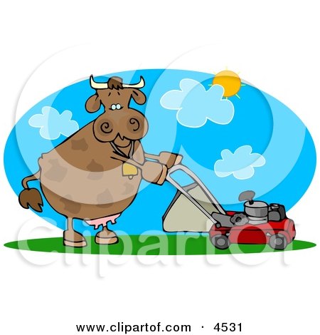 Cow Mowing Lawn On a Hot Summer Day Clipart by djart