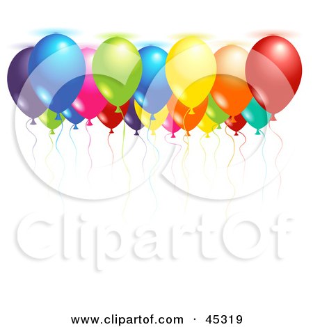 Royalty-free (RF) Clipart Illustration of Colorful Helium Filled Party Balloons Floating Up Against A Ceiling by Oligo