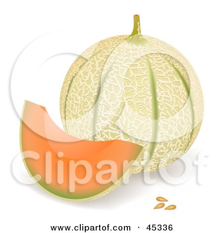 Royalty-free (RF) Clipart Illustration of a Wedge Of Tuscan Cantalope By A Whole Melon by Oligo