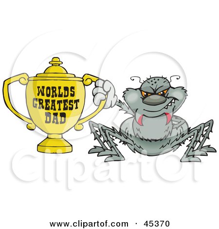 Royalty-free (RF) Clipart Illustration of a Gray Spider Character Holding A Golden Worlds Greatest Dad Trophy by Dennis Holmes Designs