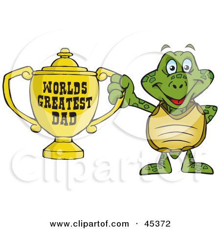 Royalty-free (RF) Clipart Illustration of a Tortoise Character Holding A Golden Worlds Greatest Dad Trophy by Dennis Holmes Designs