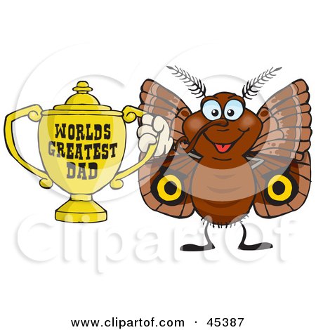 Royalty-free (RF) Clipart Illustration of a Brown Moth Character Holding A Golden Worlds Greatest Dad Trophy by Dennis Holmes Designs