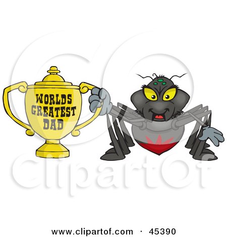 Royalty-free (RF) Clipart Illustration of a Black Widow Spider Character Holding A Golden Worlds Greatest Dad Trophy by Dennis Holmes Designs
