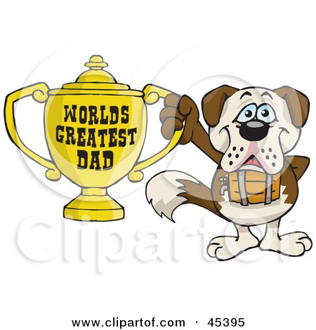 Royalty-free (RF) Clipart Illustration of a St Bernard Dog Character Holding A Golden Worlds Greatest Dad Trophy by Dennis Holmes Designs