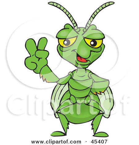Royalty-free (RF) Clipart Illustration of a Peaceful Praying Mantis Gesturing The Peace Sign by Dennis Holmes Designs