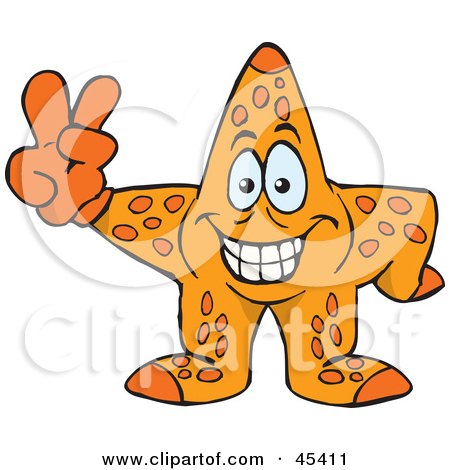 Royalty-free (RF) Clipart Illustration of a Peaceful Starfish Gesturing The Peace Sign by Dennis Holmes Designs