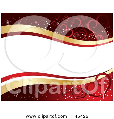 Royalty-Free (RF) Clipart Illustration of a White And Gold Tex Banner Waving Over A Red Background With Hearts by TA Images