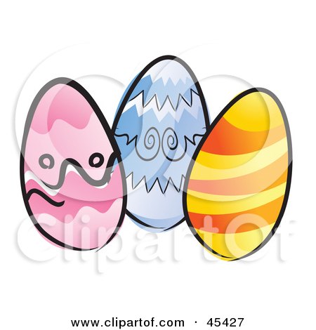 Royalty-Free (RF) Clipart Illustration of Three Chicken Eggs Colored For Easter by TA Images