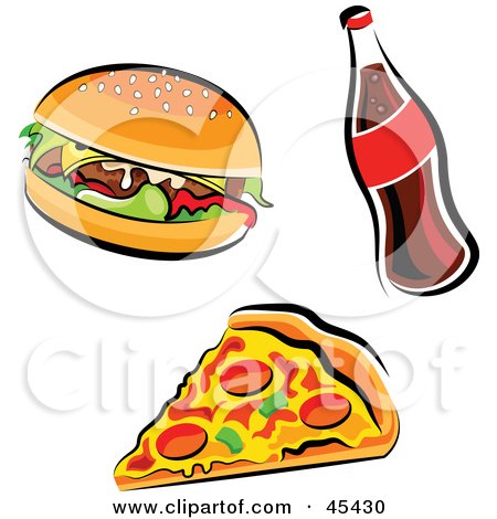 Royalty-Free (RF) Clipart Illustration of a Digital Collage Of A Soda, Burger And Pizza Slice by TA Images