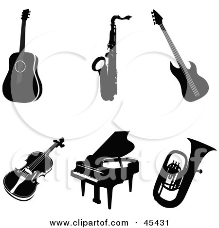 Royalty-Free (RF) Clipart Illustration of a Digital Collage Of Six Black Musical Instruments by TA Images
