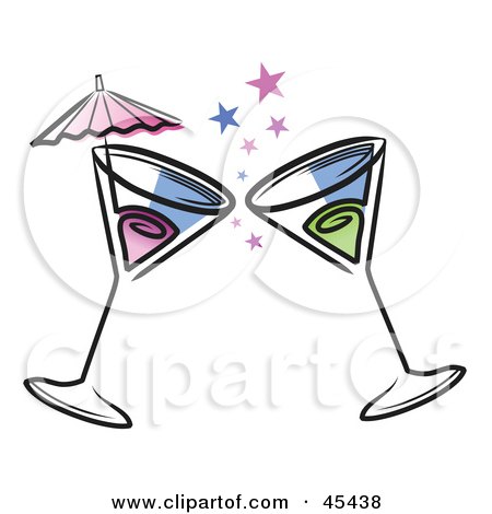 Royalty-Free (RF) Clipart Illustration of Two Toasting Cocktails With Stars And An Umbrella by TA Images