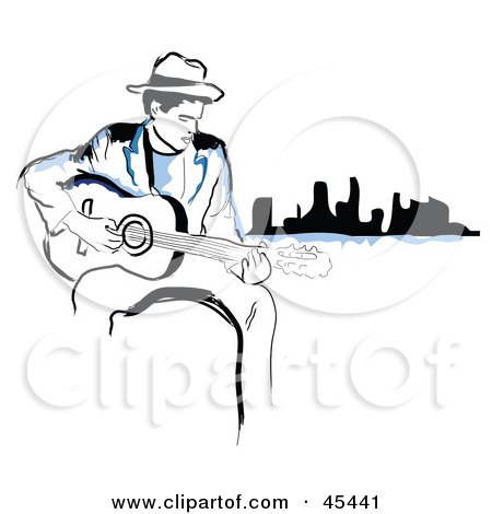 Royalty-Free (RF) Clipart Illustration of a Black And Blue Man Sitting Near A City And Playing A Guitar by TA Images