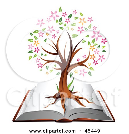 Royalty-Free (RF) Clipart Illustration of a Flowering Family Tree Growing On An Open Book by TA Images