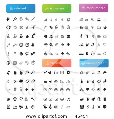 Royalty-Free (RF) Clipart Illustration of a Digital Collage of Internet, Economy, Audio, Media And Environment Icons by TA Images
