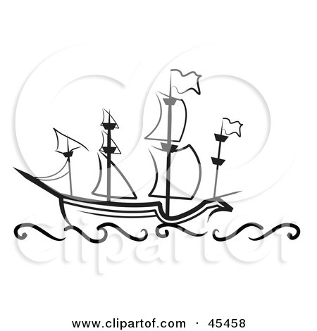 Royalty-Free (RF) Clipart Illustration of a Black And White Sailing Great Ship At Sea by TA Images