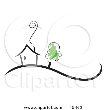 Royalty-Free (RF) Clipart Illustration of a Tree By A Black Sketched Home With Smoke Rising From The Chimney by TA Images