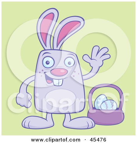 Royalty-Free (RF) Clipart Illustration of a Waving Bunny Standing By Easter Eggs And A Basket by John Schwegel
