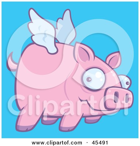 Royalty-Free (RF) Clipart Illustration of a Confused Pink Pig Flying In A Blue Sky by John Schwegel