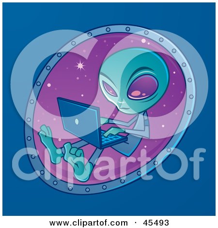 Royalty-Free (RF) Clipart Illustration of a Techno Alien Using A Laptop In Space by John Schwegel