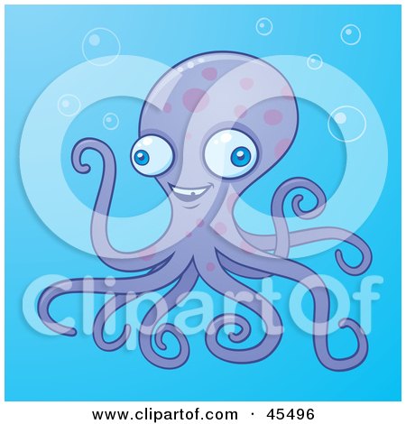 Royalty-Free (RF) Clipart Illustration of a Purple Octopus With Bubbles In The Blue Sea by John Schwegel