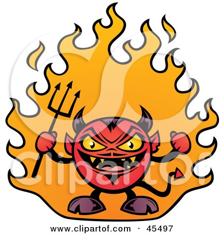 Royalty-Free (RF) Clipart Illustration of a Fat Little Devil Waving A Pitchfork And Standing In Flames by John Schwegel