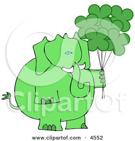 Anthropomorphic Green Elephant with Shamrock Balloons On St. Patrick's Day Clipart by djart