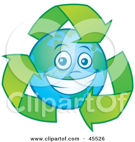 Royalty-free (RF) Clipart Illustration of a Happy Planet Earth Smiling And Being Circled By Recycle Arrows by John Schwegel