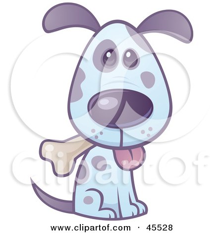 Royalty-free (RF) Clipart Illustration of a Happy Blue And Purple Puppy Sitting And Nibbling On A Bone by John Schwegel