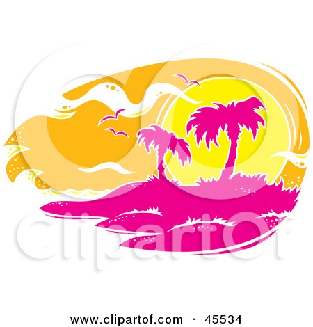 Royalty-free (RF) Clipart Illustration of Seagulls Flying Against An Orange Sunset Over A Pink Tropical Island by John Schwegel