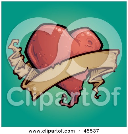 Royalty-free (RF) Clipart Illustration of a Red Heart Tattoo Background With A Blank Banner by John Schwegel