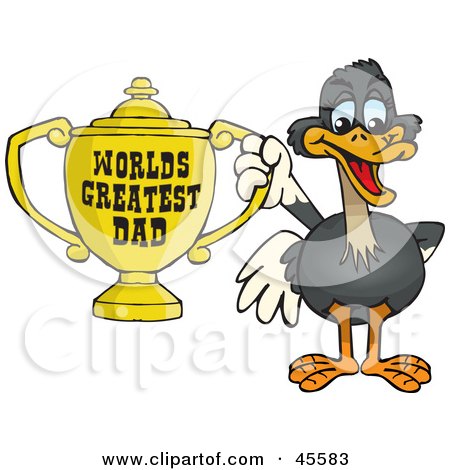 Royalty-free (RF) Clipart Illustration of an Ostrich Bird Character Holding A Golden Worlds Greatest Dad Trophy by Dennis Holmes Designs
