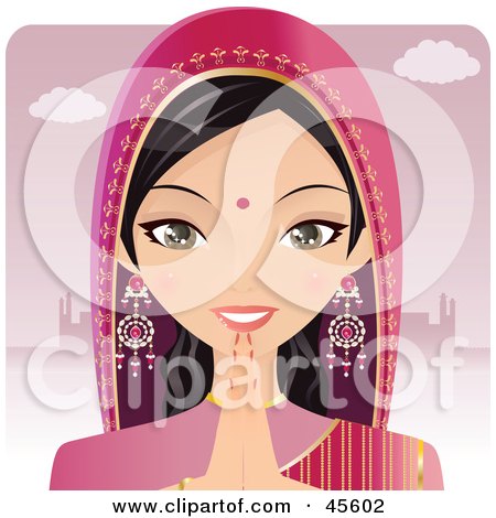 Royalty-free (RF) Clipart Illustration of a Beautiful Hindu Indian Praying In Front Of A Building by Melisende Vector