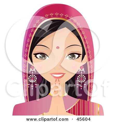 Royalty-free (RF) Clipart Illustration of a Pretty Indian Woman In Pink, Holding Her Hands To Her Chin by Melisende Vector