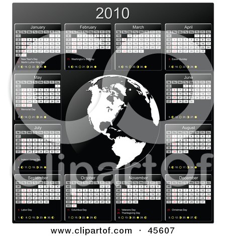 Royalty-free (RF) Clipart Illustration of a Black And White 2010 Yearly Calendar With A Globe by Michael Schmeling