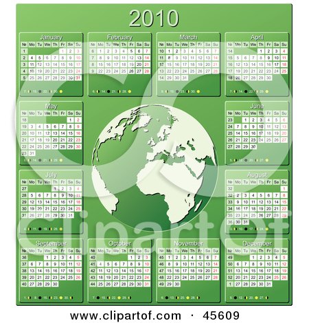 Royalty-free (RF) Clipart Illustration of a Green And White 2010 Yearly Calendar With A Globe by Michael Schmeling