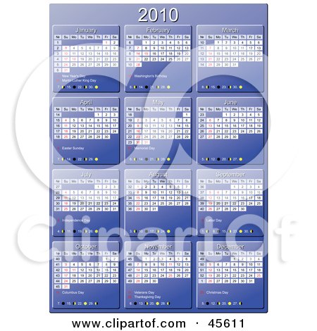 Royalty-free (RF) Clipart Illustration of a Vertical Blue 2010 Yearly Calendar With Week Days Starting On Sunday by Michael Schmeling