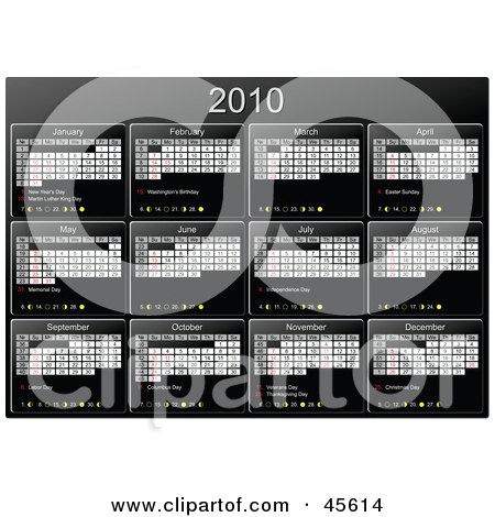 Royalty-free (RF) Clipart Illustration of a Horizontal Black And White 2010 Yearly Calendar by Michael Schmeling