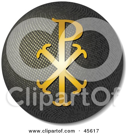 Royalty-free (RF) Clipart Illustration of a Golden Chi Rho Design On A 3d Globe by Michael Schmeling