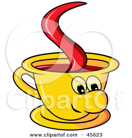 Royalty-free (RF) Clipart Illustration of a Happy Yellow Coffee Cup Character With Steamy Hot Coffee, On A White Background by Michael Schmeling