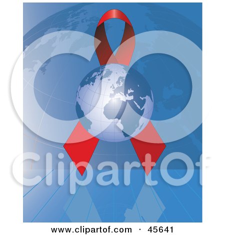 Royalty-free (RF) Clipart Illustration of a Globe In Front Of A Red Aids Awareness Ribbon With A Grid Globe by Michael Schmeling
