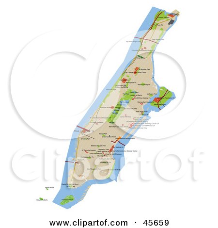 Royalty-free (RF) Clipart Illustration of a Manhattan Street Map Showing Tourist Attractions And Landmarks by Michael Schmeling