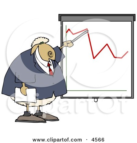 Anthropomorphic Sheep Business Person Pointing at a Graph Which Demonstrates a Drop Clipart by djart